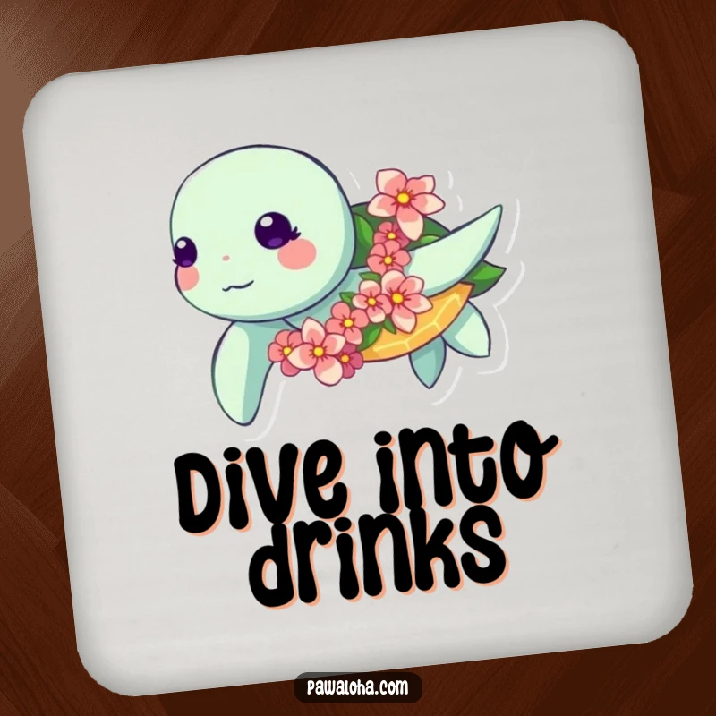 Funny Kawaii Turtle Coaster: Cute sea turtle swimming with a flower garland, a funny drink coaster with oceanic flair.