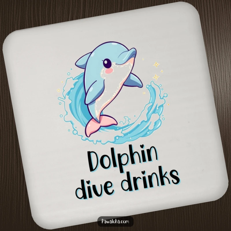 Funny dolphin character leaping through a sparkling wave on a drink coaster, adding aquatic charm to tabletops.