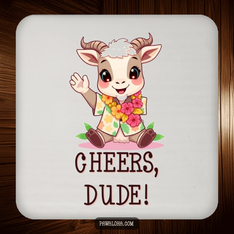 Funny drink coaster showing a cheerful goat in an Aloha shirt and lei, ready to celebrate.
