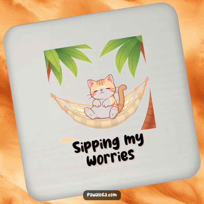 Funny Cat Hammock Drink Coaster featuring a relaxed cat character in a hammock between palm trees, protecting surfaces with zen.