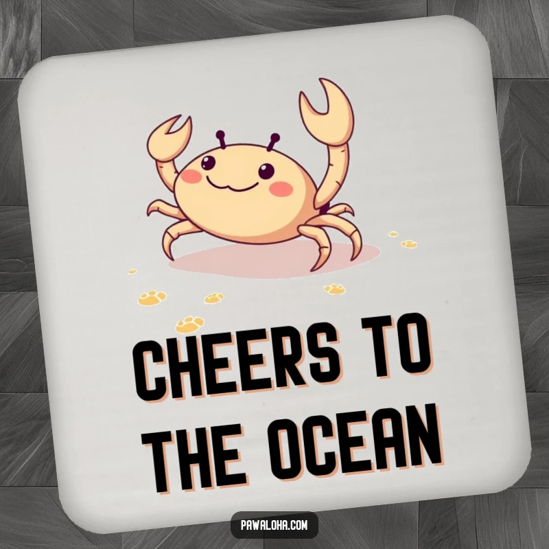 Funny drink coaster with a delighted crab scuttling sideways on sand, leaving footprints, symbolizing carefree beach fun.