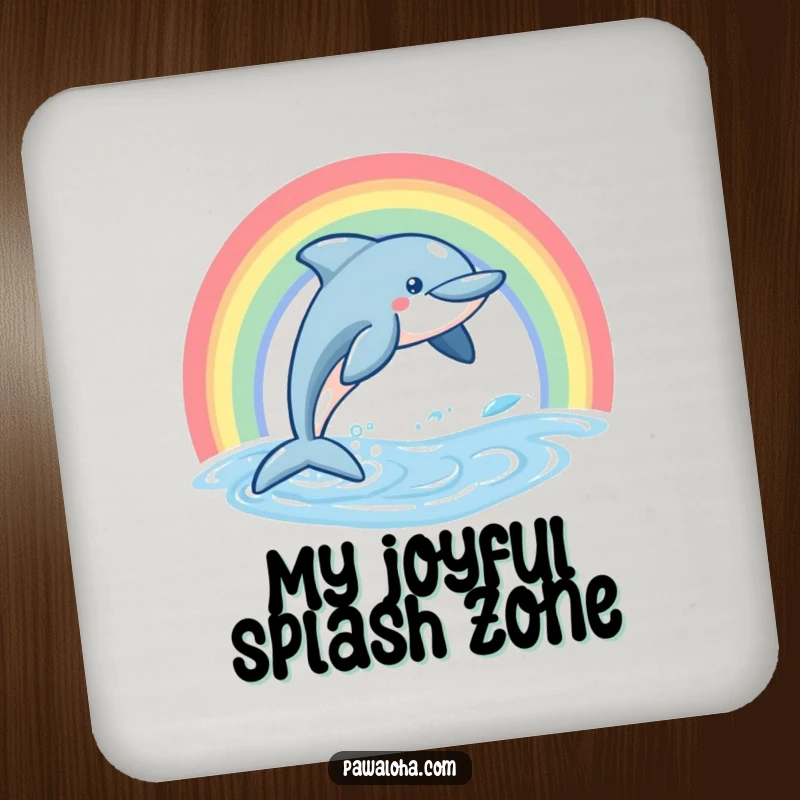 Funny Dolphin Drink Coaster with a friendly dolphin leaping from waves below a beautiful rainbow arch.