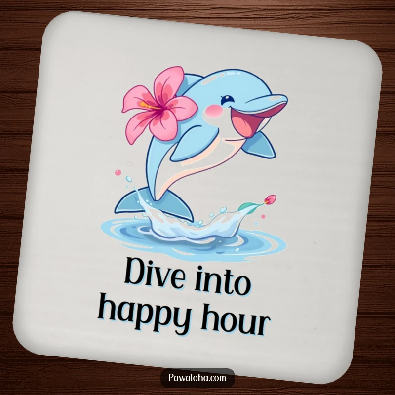 Funny dolphin character drink coaster leaping joyfully out of the water with a hibiscus, protecting surfaces with ocean flair.