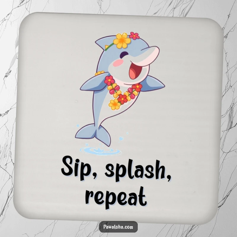 Funny Dolphin Coasters: A set of coasters showing a joyful dolphin in a lei leaping from the water, adding funny, tropical flair.