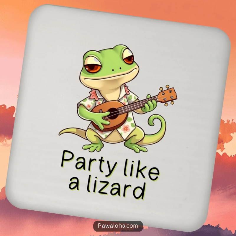 Funny coasters featuring a cool gecko in a Hawaiian shirt, strumming a tiny ukulele, protecting surfaces with tropical humor.