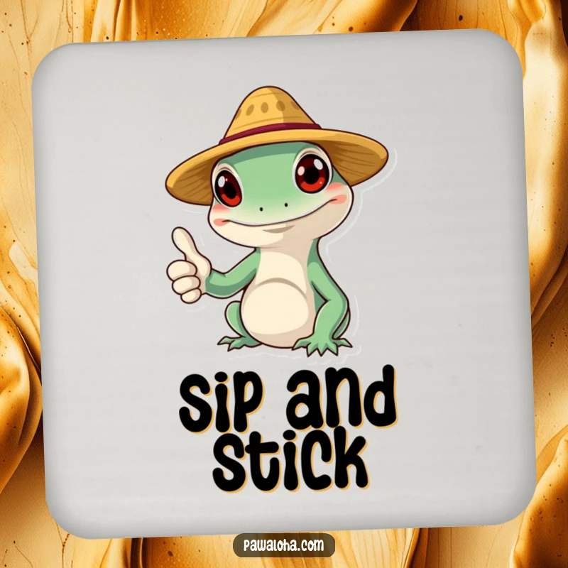 Funny gecko coasters featuring a smiling character wearing a tiny straw hat and giving a thumbs up, perfect for protecting tables.