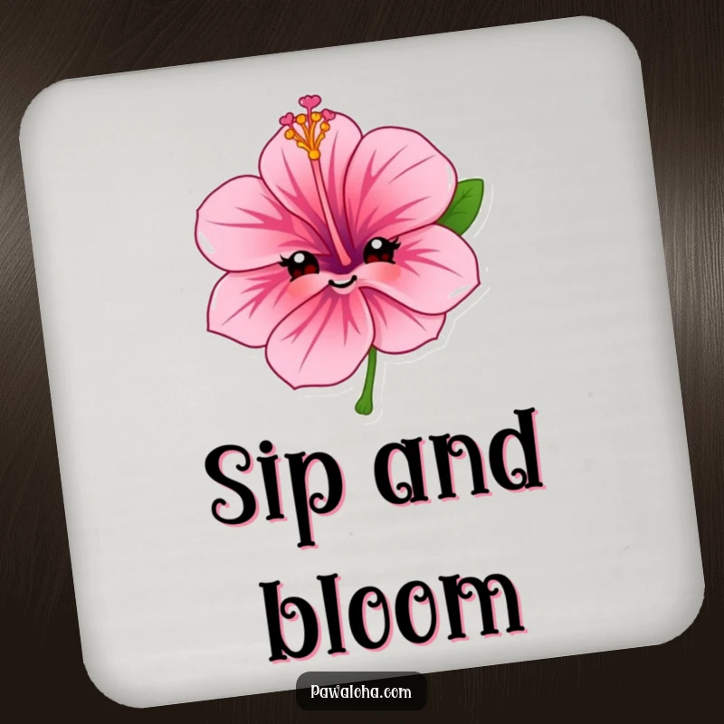 Funny hibiscus flower drink coaster with a character's sweet, friendly smile, protecting surfaces with a touch of floral cheer.