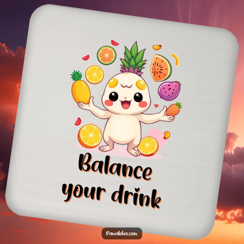 Funny creature juggling bright tropical fruits on a drink coaster. Protects surfaces with vibrant, playful style.