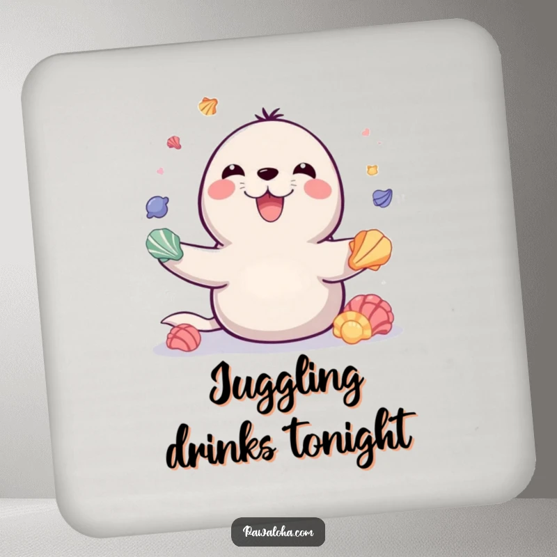 Funny drink coaster with a playful seal beaming, juggling colorful seashells, adding charming marine fun to any surface.