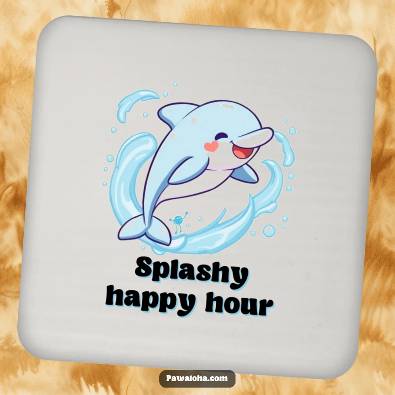 Funny Kawaii dolphin drink coaster, a cute character leaping joyfully through ocean waves, protecting surfaces with humor.