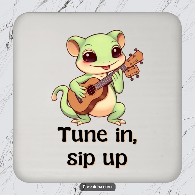 Funny Kawaii gecko strumming a ukulele on a drink coaster, ideal for protecting tables with music.