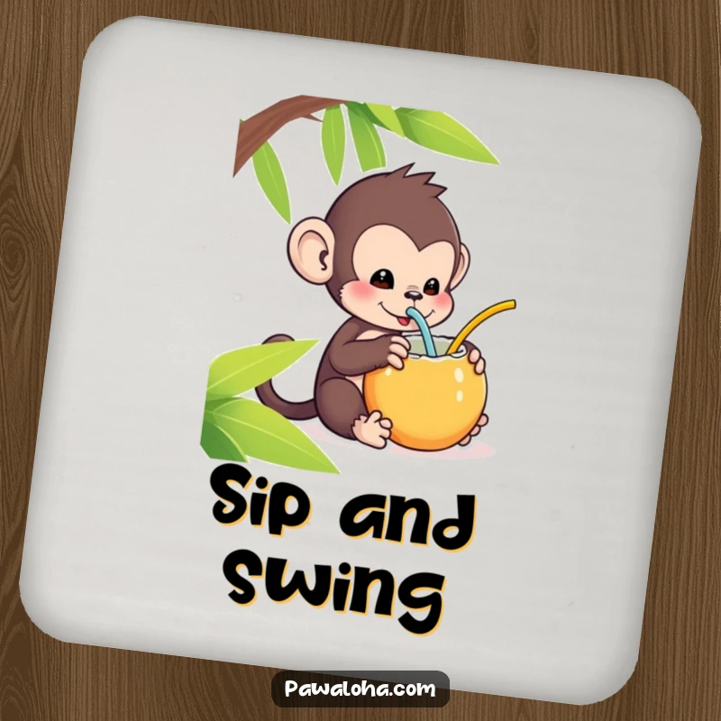 Funny Kawaii Monkey Coaster: Cute monkey sipping from a coconut with a straw, a funny drink coaster with tropical flair.