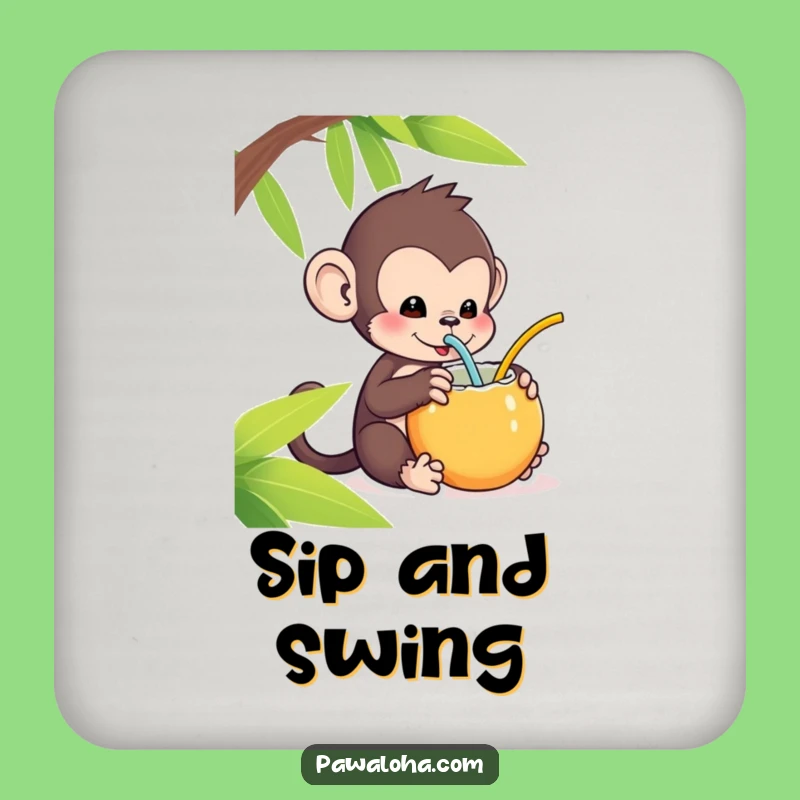 Funny Kawaii Monkey Coaster: Coconut Sipping Drink Protector - Gift Set