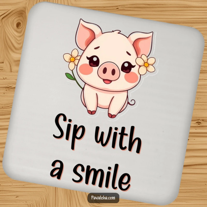 Funny Kawaii pig wearing a flower behind its ear, smiling on a drink coaster, ideal for protecting tables.
