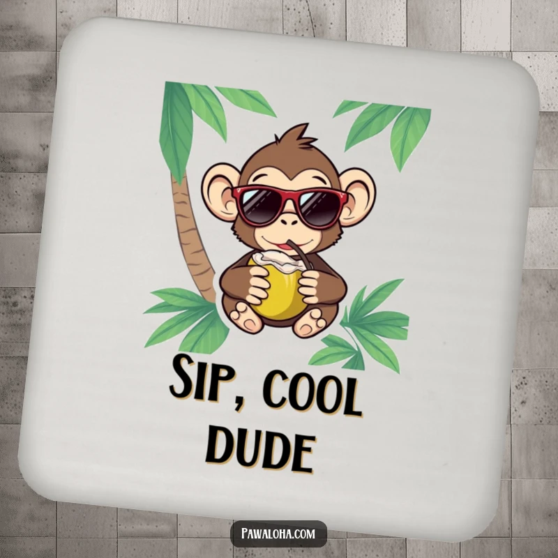 Funny Monkey Coasters showcasing a monkey in sunglasses enjoying a coconut, protecting surfaces with tropical style.