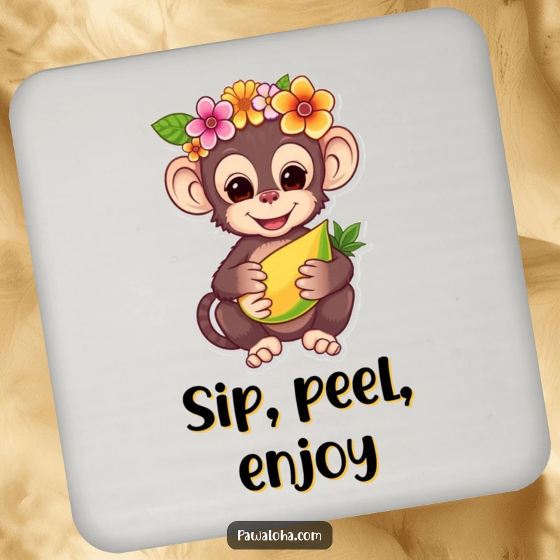 Funny drink coaster with a charming monkey wearing a flower crown, offering a tropical fruit, adding delightful jungle charm to any surface.