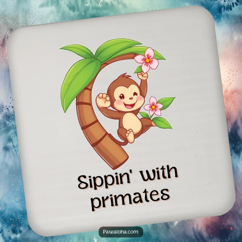 Funny drink coaster showcasing a playful monkey swinging from a palm tree with a flower, offering humorous tropical protection.