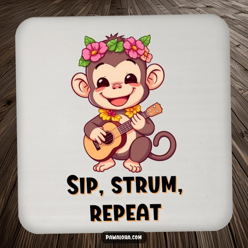 Funny drink coaster featuring a happy monkey wearing a lei and playing a ukulele.