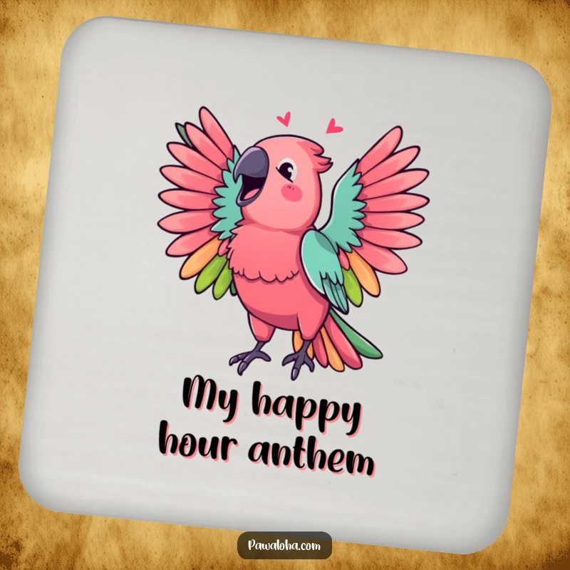Funny Parrot Drink Coaster showing a vibrant parrot with wings spread, singing a cheerful melody, protecting surfaces.