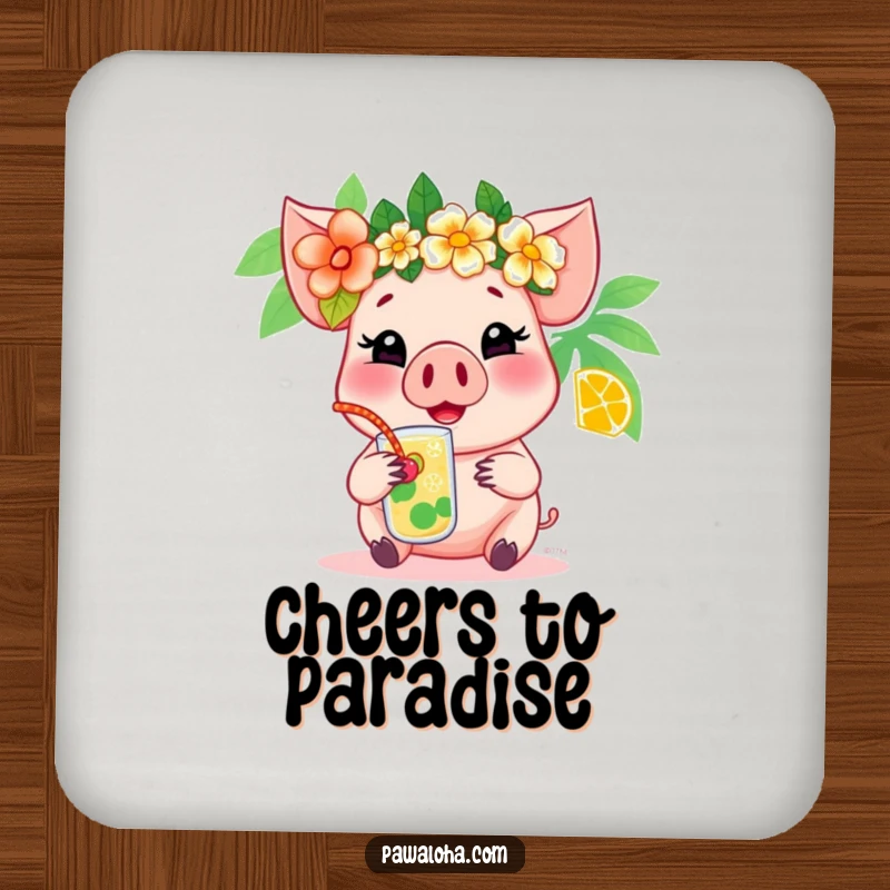 Funny pig coasters featuring a cheerful pig with a flower crown enjoying a tropical drink, protecting tables with adorable vacation humor.