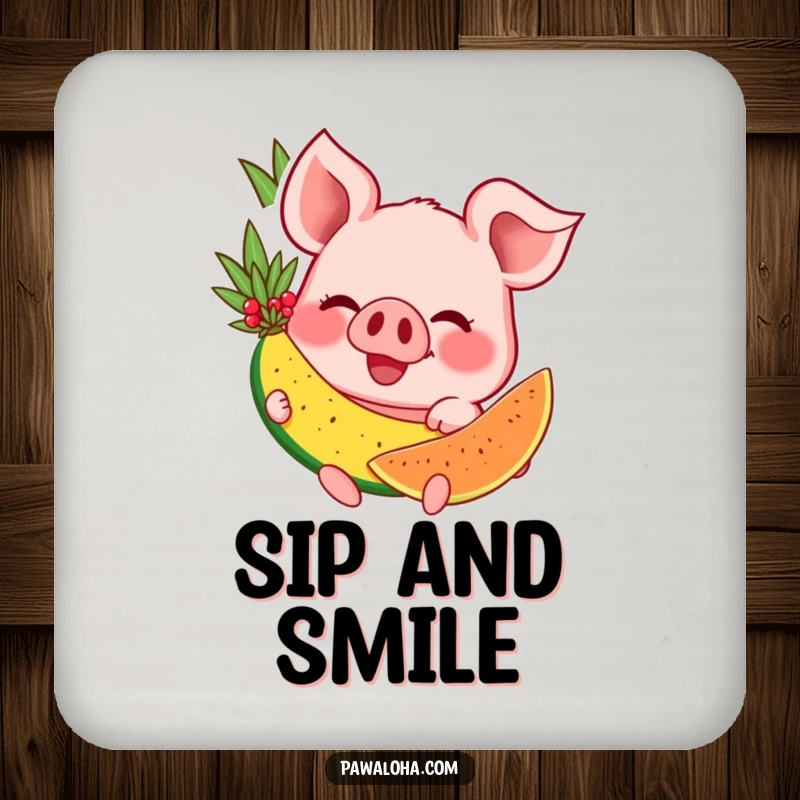 Funny drink coaster with a happy pig character holding a tropical fruit, preventing spills with a smile.