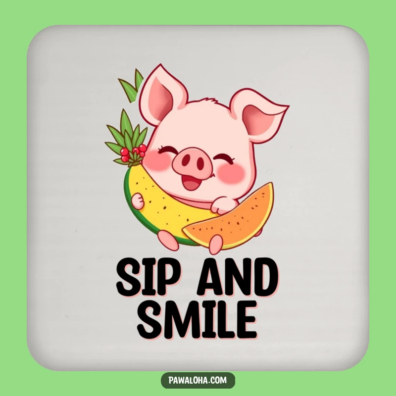 Funny Pig Tropical Coaster: Happy Swine Protecting Surfaces with Fruit, Chic Funny Gift