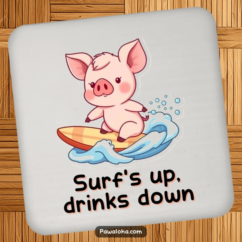 Funny piglet character about to surf a gentle wave, adorning these humorous and protective drink coasters.