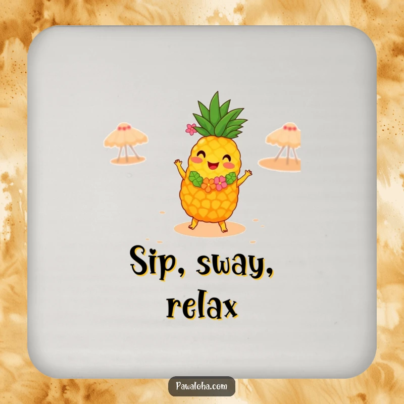Funny drink coaster with a joyful pineapple wearing a lei, dancing the hula on a sandy beach, adding tropical charm to any surface.