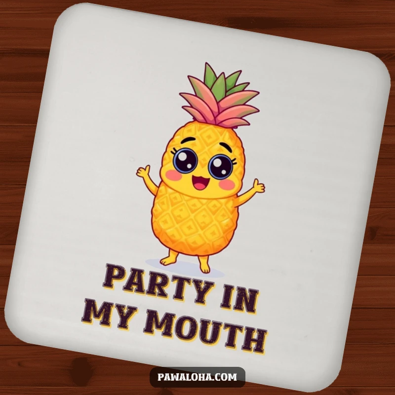 Funny pineapple drink coasters with googly eyes, energetically dancing the samba, a set of fruity characters for decor.