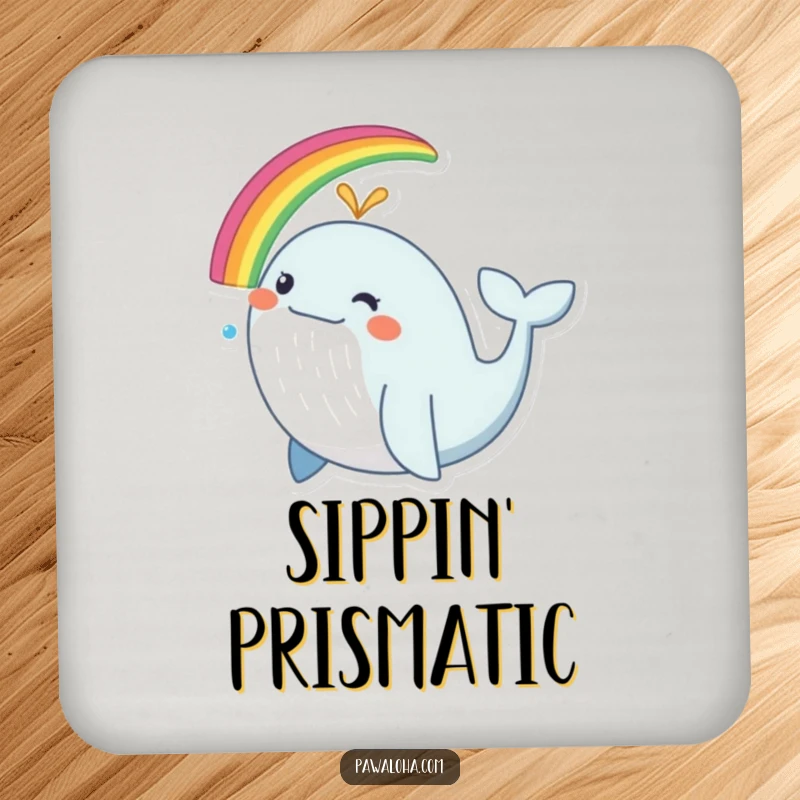 Funny whale coasters, a set of drink coasters with a happy whale spouting a rainbow design.