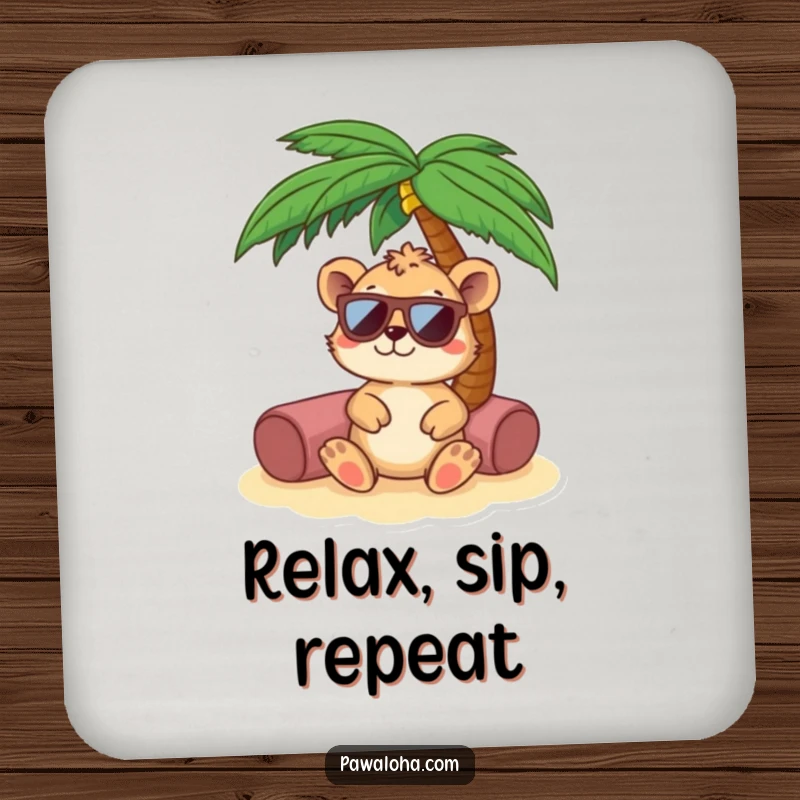 Funny animal wearing sunglasses, relaxing under a palm tree on a drink coaster. Protects surfaces with cool vibes.