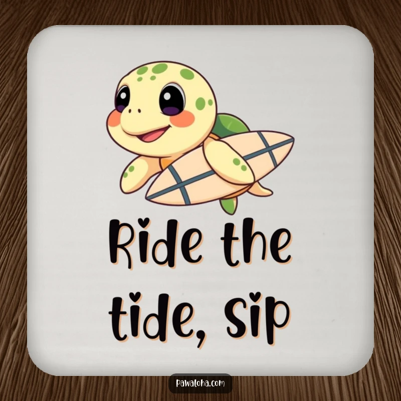 Funny Sea Turtle Surf Coasters: A set showcasing a sea turtle with a surfboard, bringing funny, beachy vibes to your table.