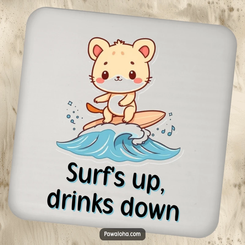 Funny animal character surfing a tiny wave on a surfboard on a drink coaster. Protects surfaces with beach charm.