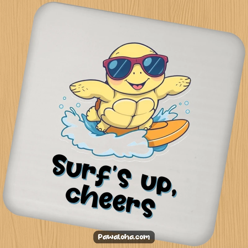 Funny drink coaster with a happy sea turtle wearing sunglasses, surfing a gentle wave, adding cool beach charm to any surface.