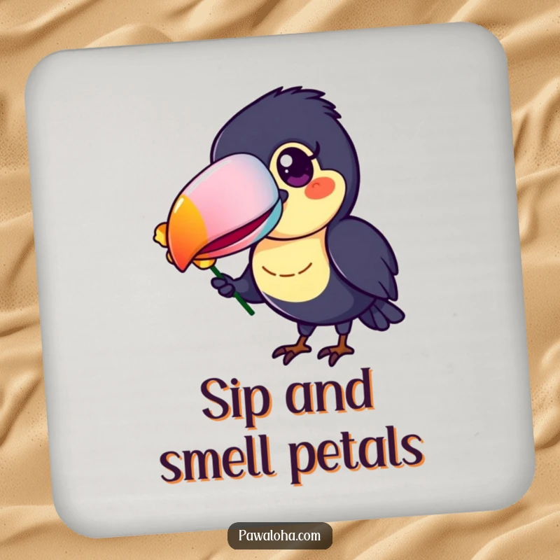 Funny Toucan Drink Coaster showing a cheerful toucan with a colorful beak, offering a flower petal.