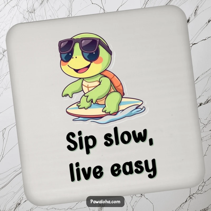 Funny turtle with sunglasses riding a surfboard on a drink coaster, bringing cool vibes to any surface.