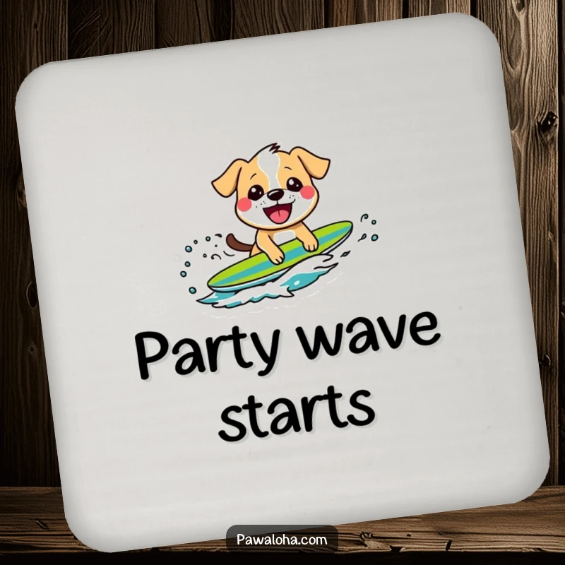 Funny drink coaster showcasing a grinning dog character riding a wave, offering humorous protection for surfaces.