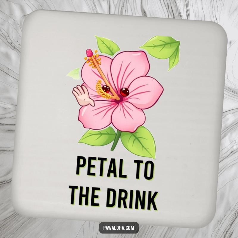 Funny hibiscus flower coasters with a cute character adorably waving hello with its petals, protecting surfaces with floral flair.