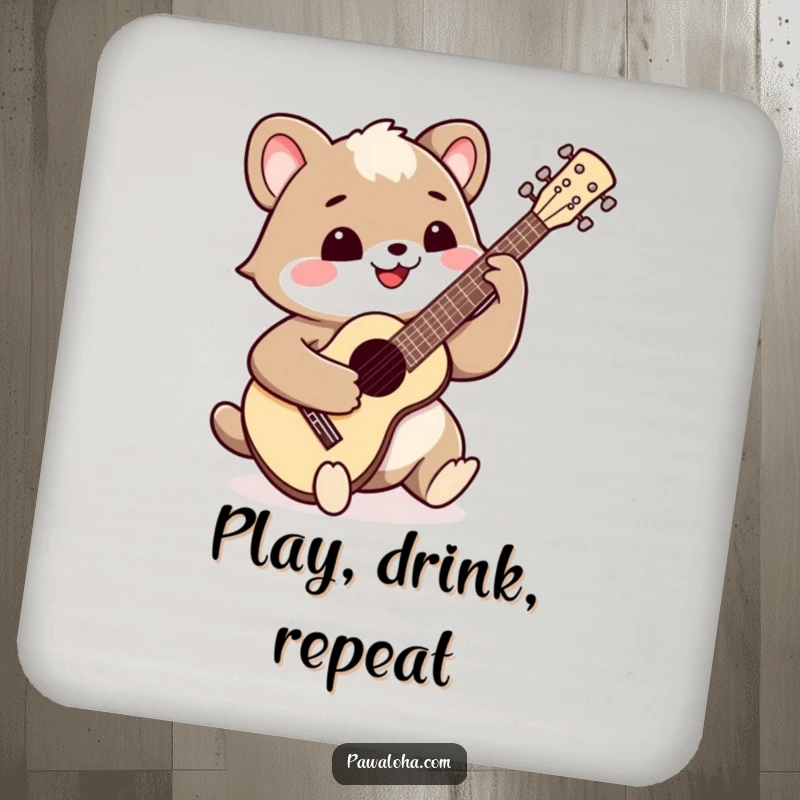 Funny smiling animal playing a ukulele on a drink coaster. Protects surfaces with musical flair.