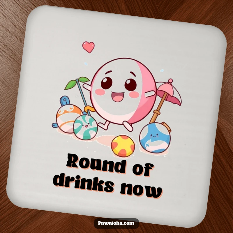 Funny beach ball coasters featuring a playful character bouncing with beach toys, perfect for protecting furniture with humor.