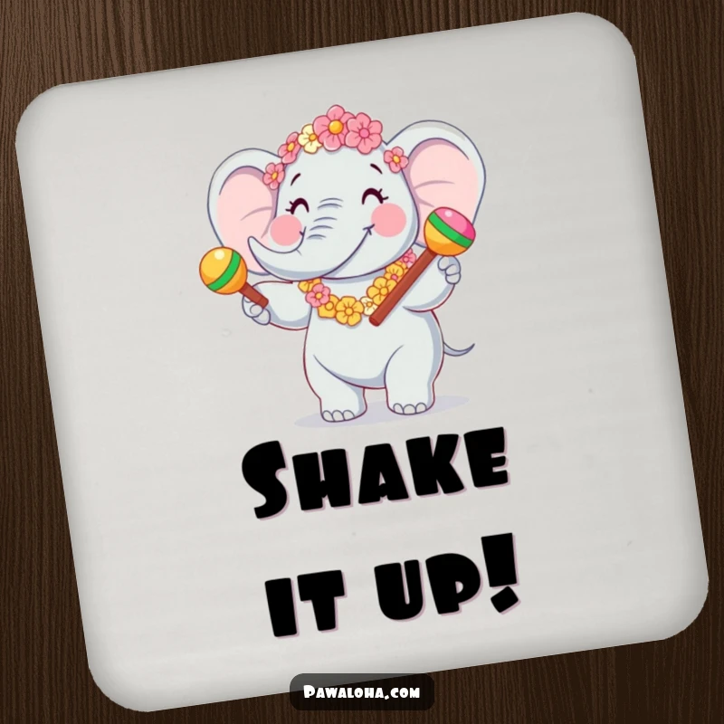 Funny Elephant Fiesta Drink Coaster featuring a joyful elephant character with a flower garland, shaking maracas, protecting surfaces.