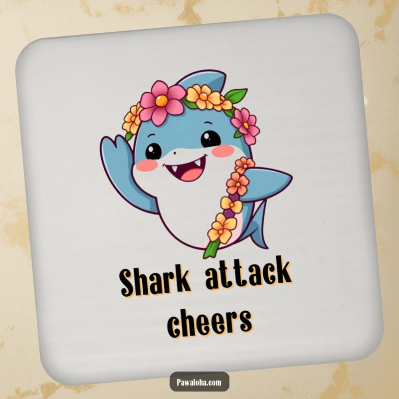 Funny shark coasters featuring a friendly shark wearing a lei and waving cheerfully, protecting tables with adorable ocean humor.