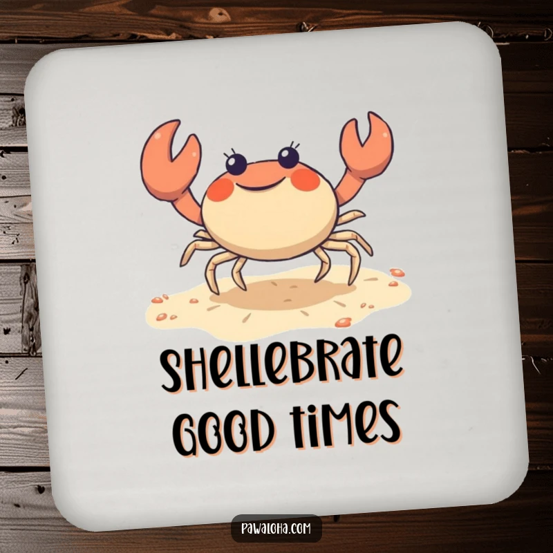 Funny crab coasters featuring a cute character joyfully doing a sideways shuffle on the sand, perfect for protecting tables.