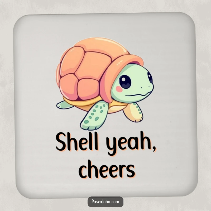 Funny sea turtle character inspecting a seashell on a drink coaster, adding serene ocean charm to tabletops.