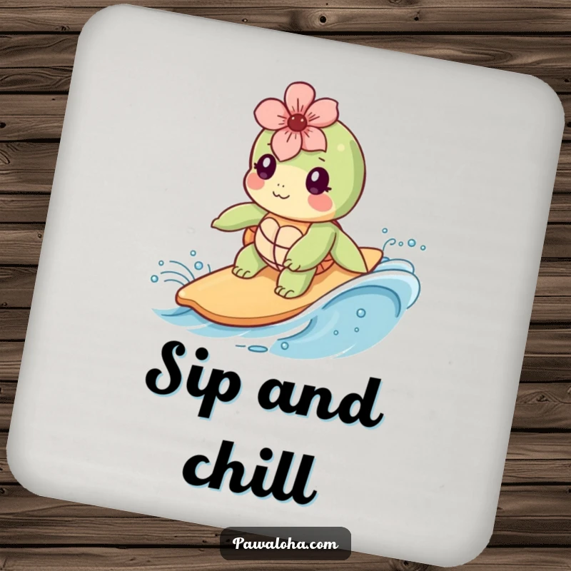 Funny Kawaii sea turtle character wearing a flower happily surfs a gentle wave on a protective and decorative drink coaster.