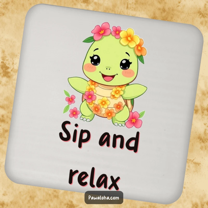 Funny turtle coasters featuring a happy character with a floral lei, offering humorous tropical surface protection. Ideal gift.