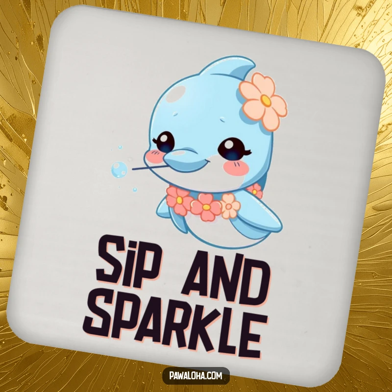 Funny dolphin drink coasters with tiny leis and sparkly bubbles, a set of curious marine characters for table protection.