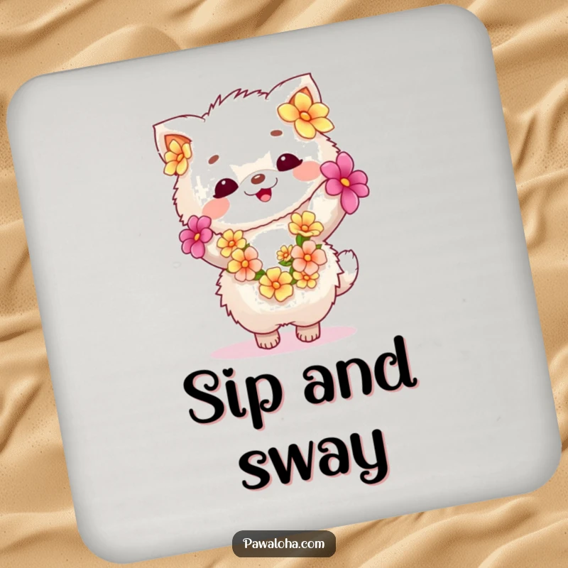 Funny fluffy animal wearing a flower lei, dancing happily on a drink coaster. Protects surfaces with tropical cheer.