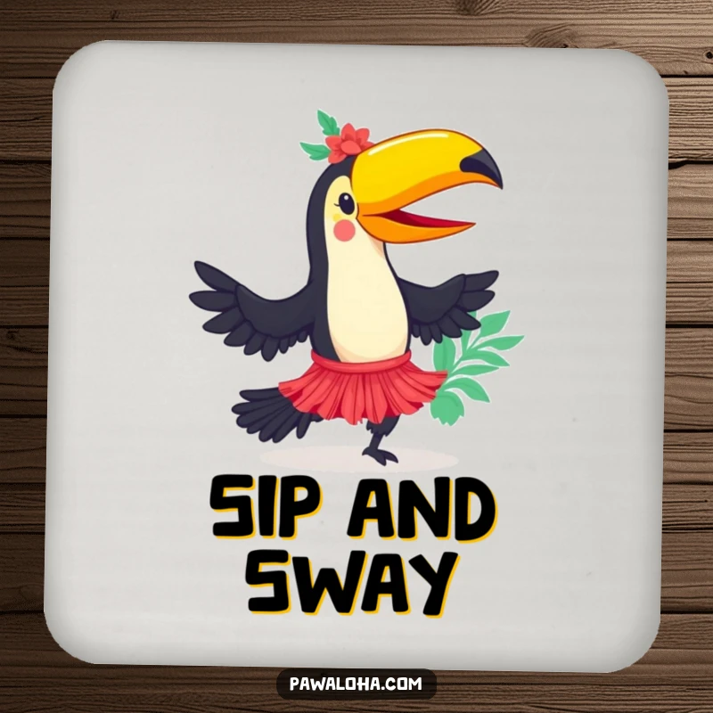 Funny toucan character dancing in a hula skirt on a drink coaster, adding a touch of tropical cheer to tabletops.