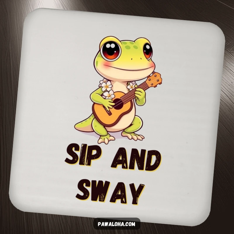 Funny Kawaii Gecko Coaster: Cute gecko with lei playing ukulele, a funny drink coaster with tropical flair.